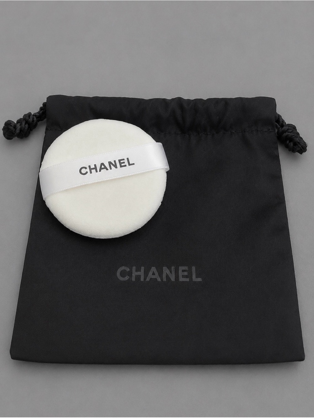 Authentic CHANEL Cosmetic Drawstring Pouch + Powder Puff Travel Set